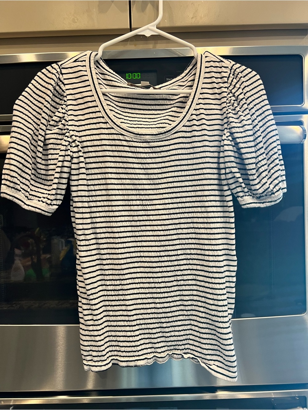 LOFT White and Navy Ribbed Short Sleeve Top